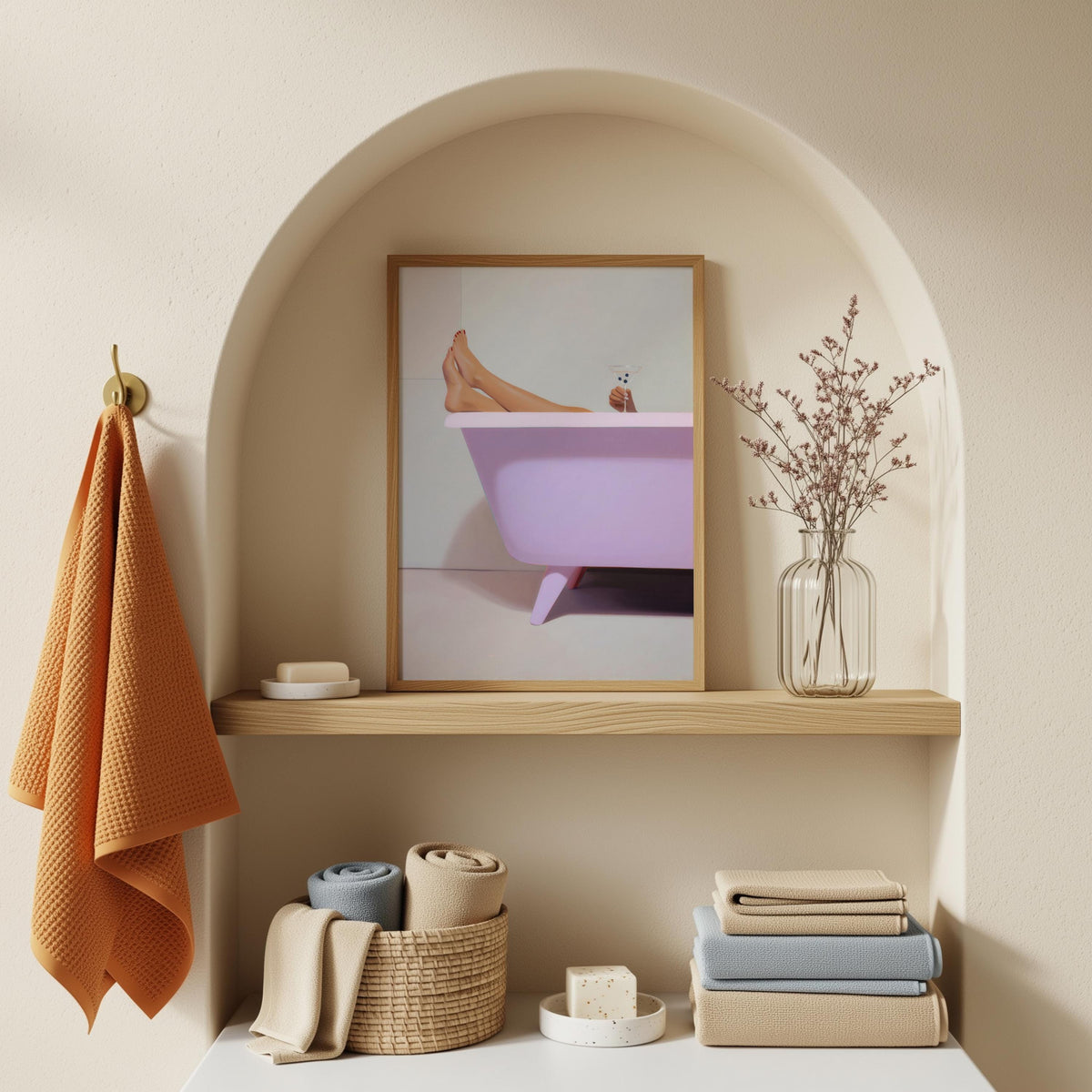 Pink Bathtub Art Print - Retro Martini & High Heels Bathroom Wall Art