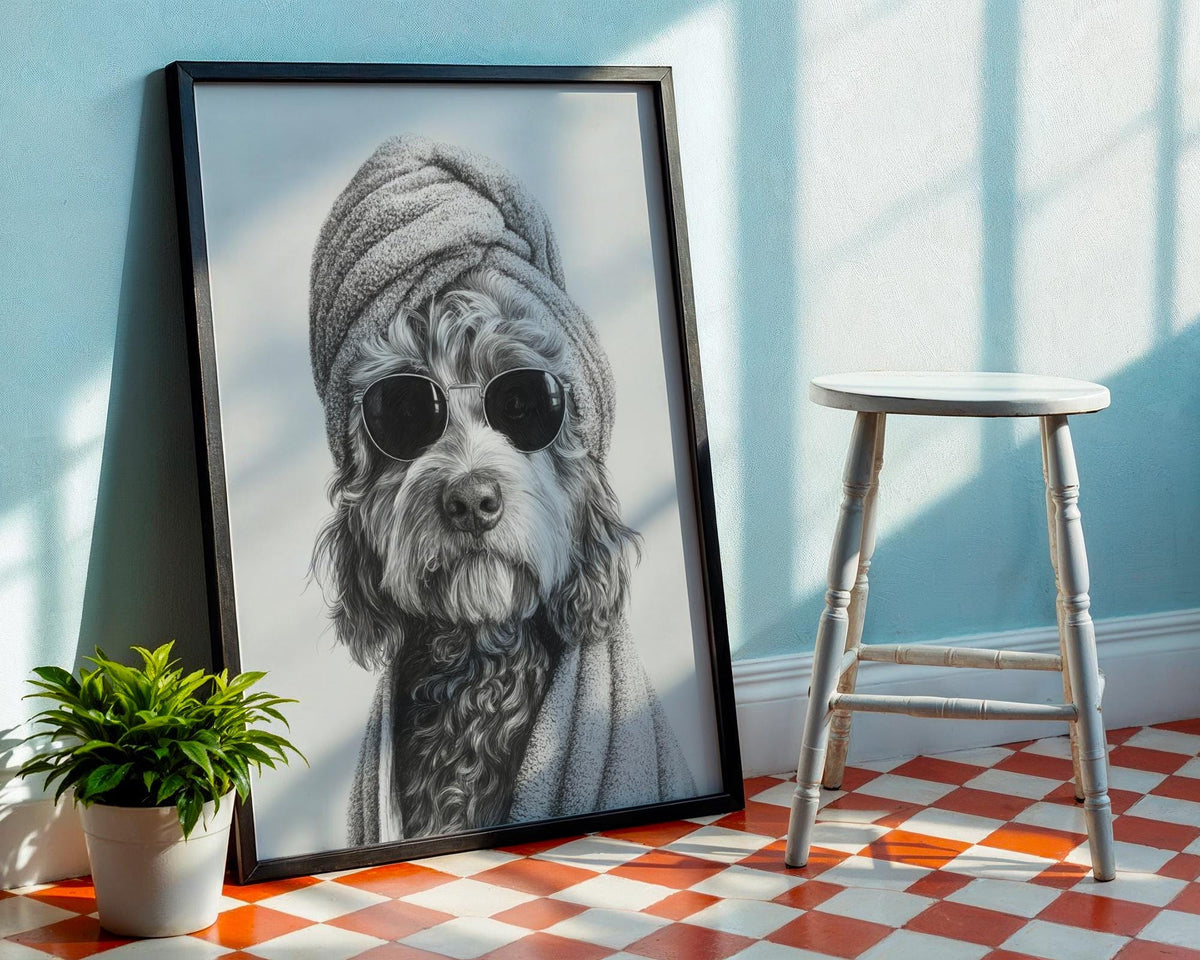 Cockapoo Spa Day Print - Funny Dog in Sunglasses Bathroom Wall Art