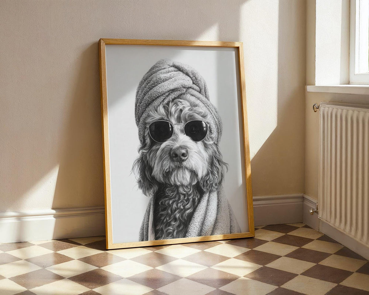 Cockapoo Spa Day Print - Funny Dog in Sunglasses Bathroom Wall Art