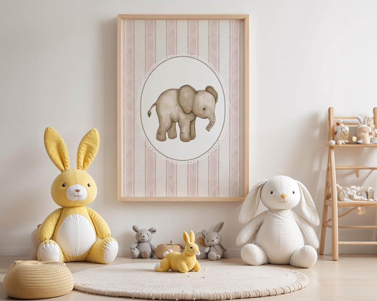 Elephant Nursery Print - Vintage Pink Stripe