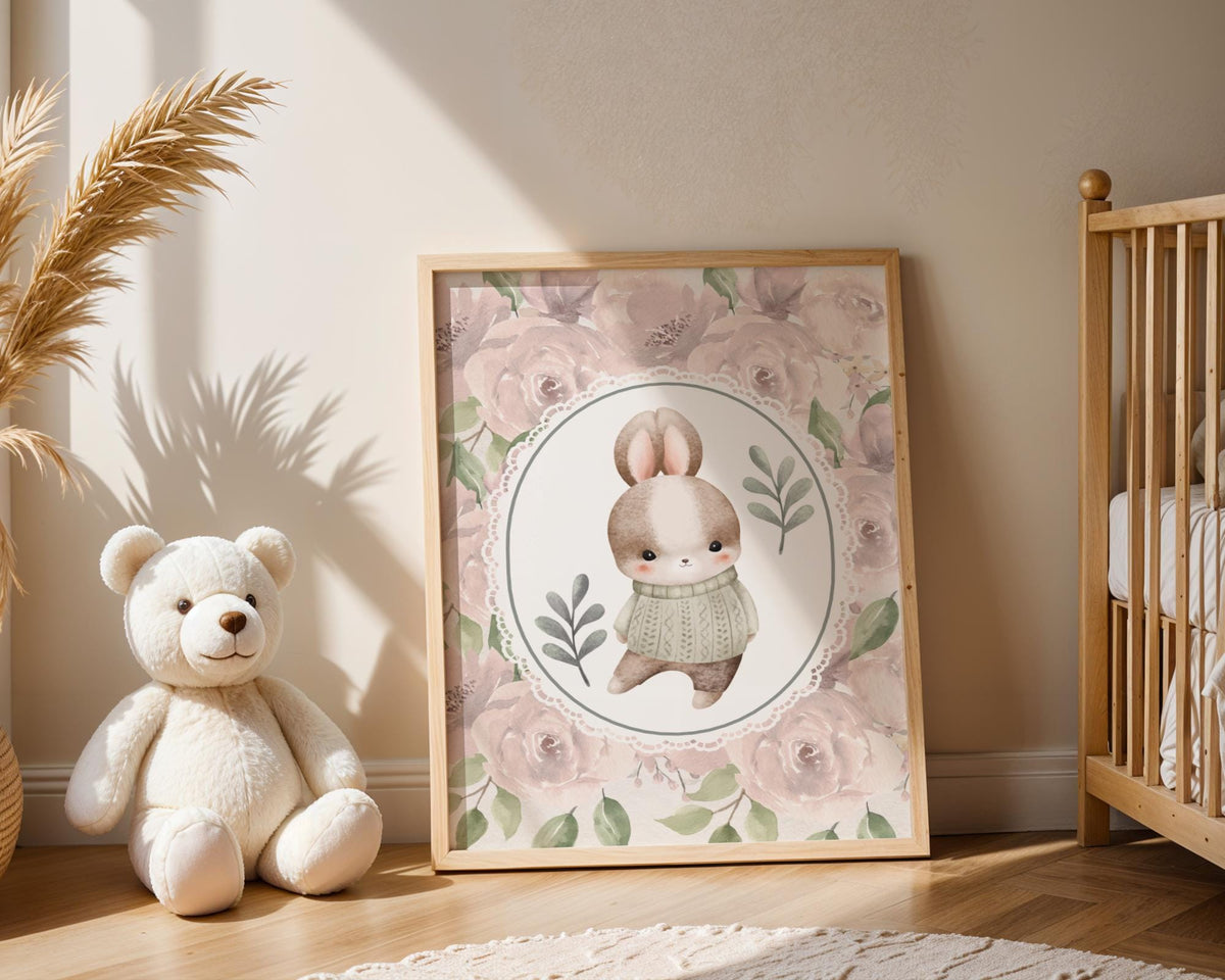 Cute Bunny Nursery Print - Vintage Pink Rose Wall Art