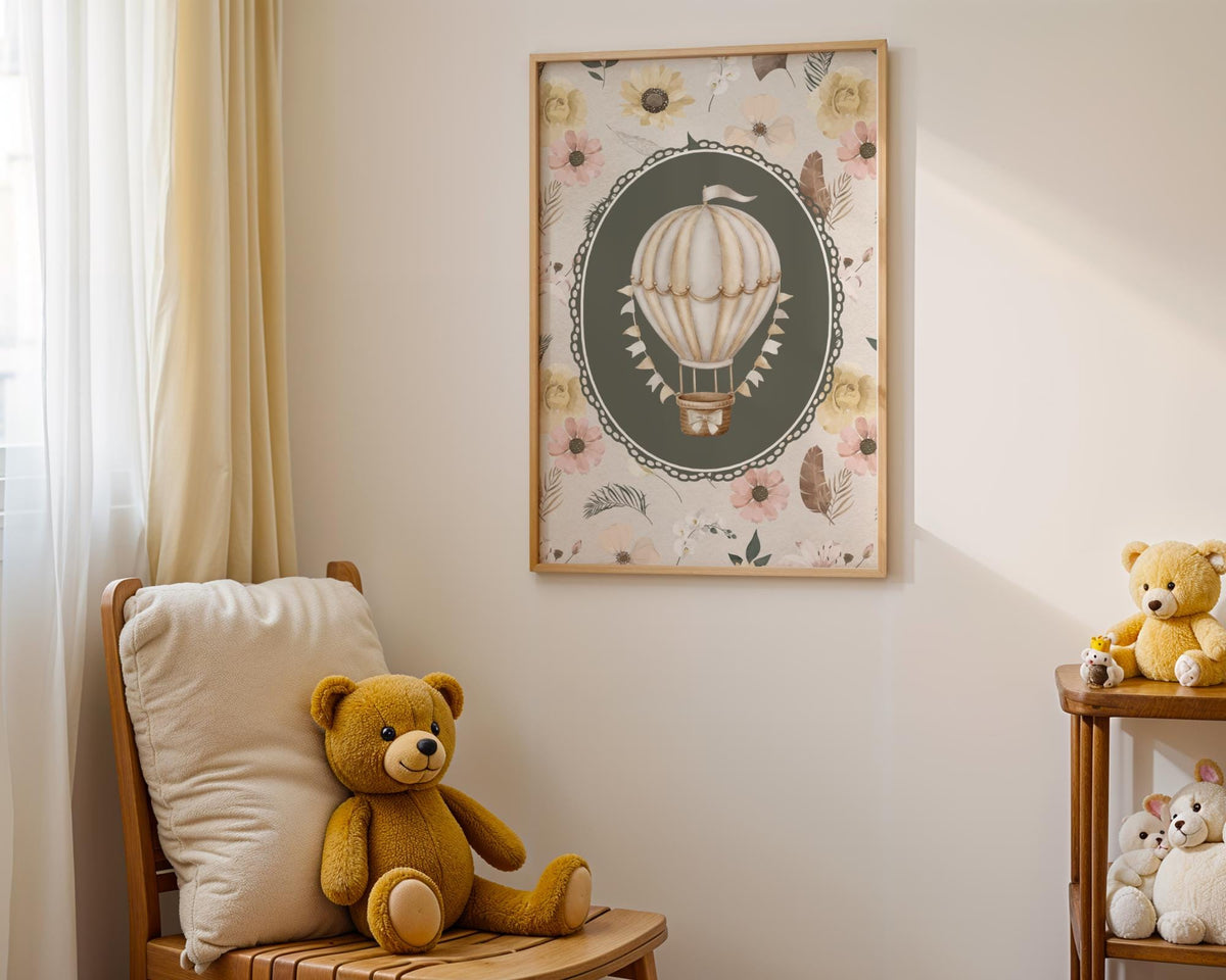 Hot Air Balloon Nursery Print - Vintage Wildflower Wall Art