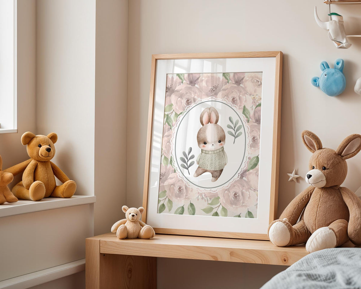 Cute Bunny Nursery Print - Vintage Pink Rose Wall Art