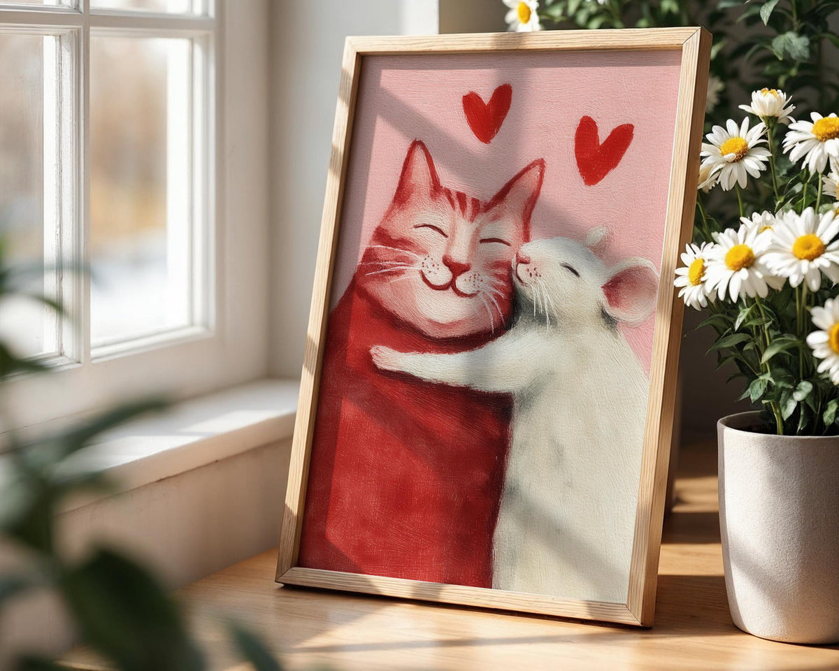 Cat and Mouse Love Art Print - Cute Romantic Animal Wall Art